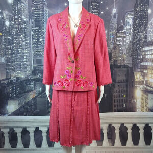 Debra McGuire sz 16W Silk Skirt Blazer Jacket Suit Set Pink Floral Embroidered